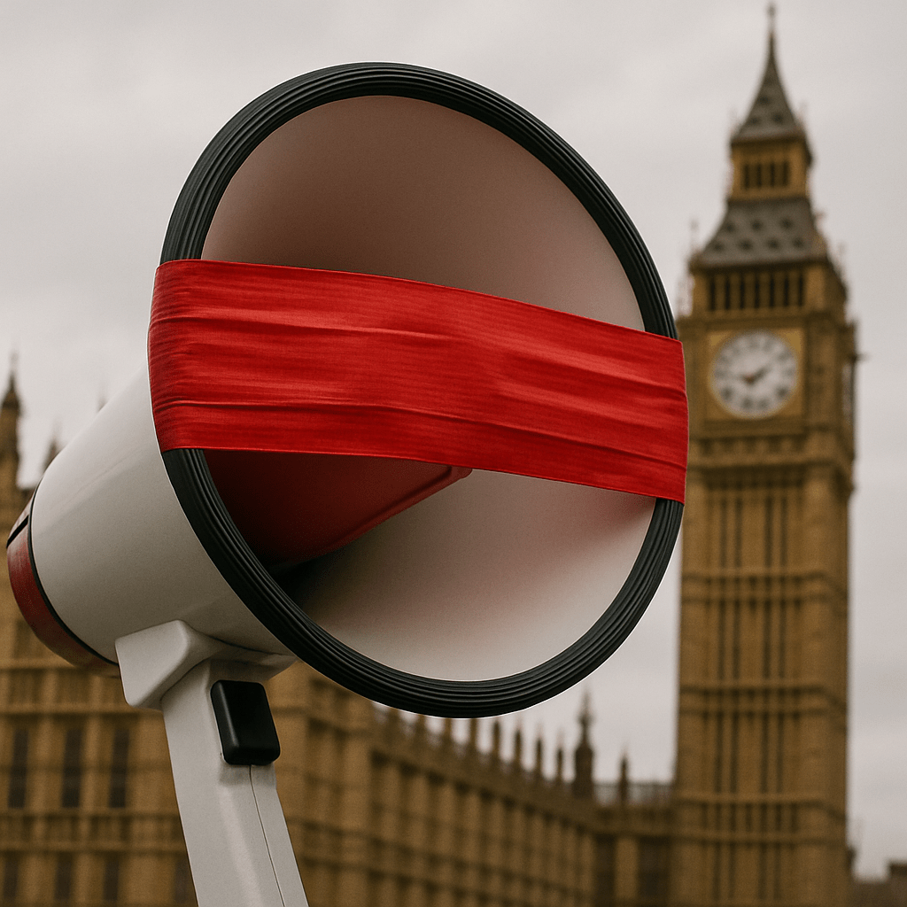 A press megaphone bound with red tape, placed in front of the Houses of Parliament — symbolising censorship of media speech in the UK.