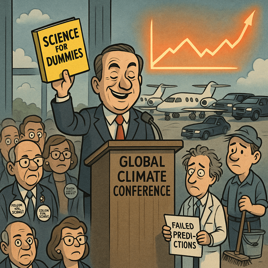 A satirical cartoon showing a politician holding “Science for Dummies” at a global climate conference, while private jets and SUVs sit outside and a janitor points to failed predictions.