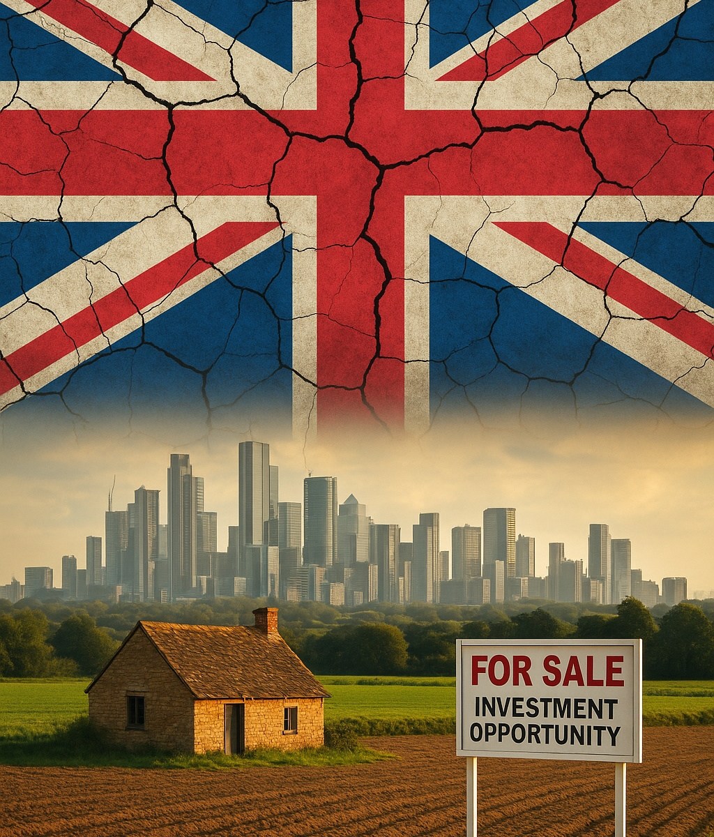 A fractured Union Jack overlays a rural countryside with a stone cottage and a "For Sale" sign, as corporate towers loom on the horizon.
