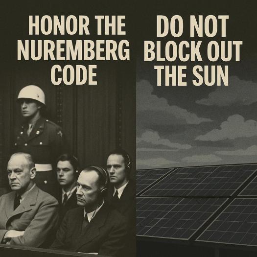 Split image showing Nuremberg trial courtroom on the left and dim, cloudy skies over failing solar panels on the right, with bold text reading “Honour the Nuremberg code — Do not block out the sun”.