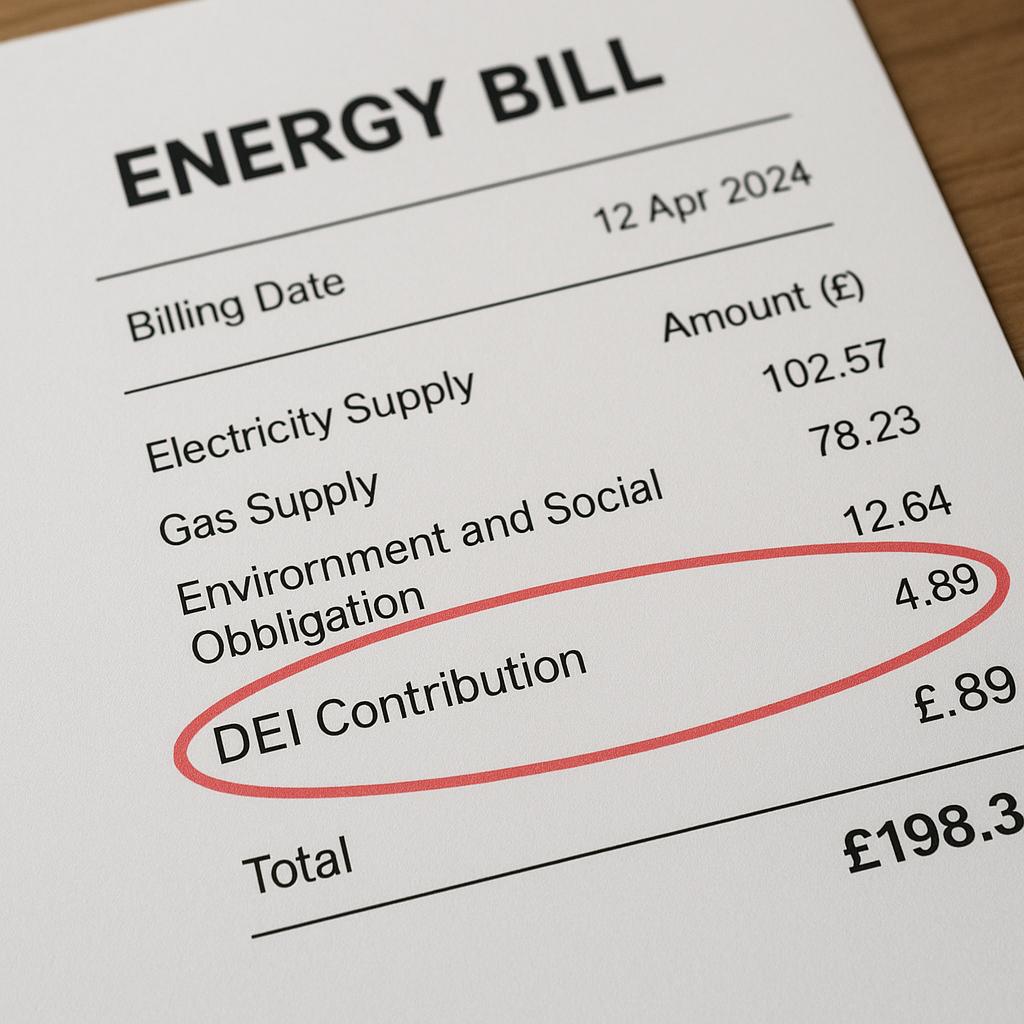 Close-up of a UK energy bill with a highlighted “DEI Contribution” fee circled in red ink, illustrating involuntary ideological charges.