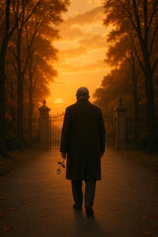 Seen from behind, an elderly man in a long brown coat walks down a tree-lined path toward ornate iron gates, carrying a single white rose. The golden light of sunset bathes the scene, evoking a quiet, romantic sense of farewell and closure.