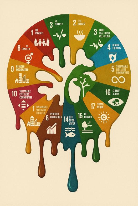 A circular graphic of the 17 Sustainable Development Goals (SDGs) with each segment melting like wax, rendered in a surreal Salvador Dalí-inspired style.