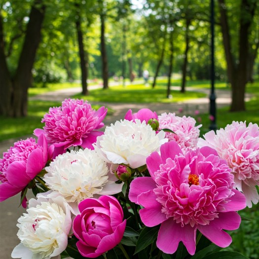 A vibrant bouquet of pink and white peony flowers in full bloom.