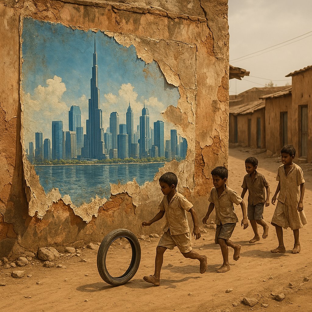 Children in a dusty village play in front of a crumbling mural depicting a futuristic Western skyline across water.