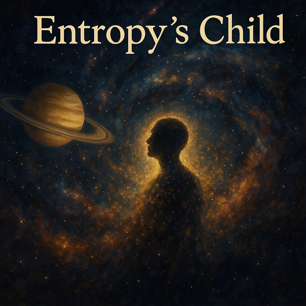 Digital painting for the poem "Entropy’s Child," showing a glowing human silhouette dissolving into stardust against a cosmic background, with Saturn to the left and swirling galaxies behind.
