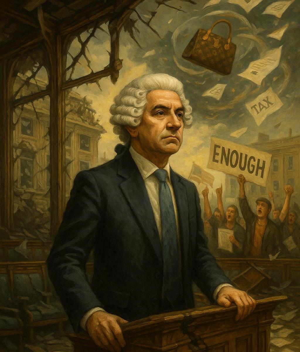 Modern politician in powdered wig stands in ruined parliament as protestors wave signs outside and tax papers swirl in the air.