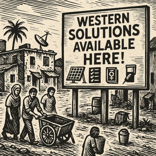 Woodcut-style illustration of a Western aid billboard in a crumbling village, with locals ignoring the sign and walking past with broken tools and containers.