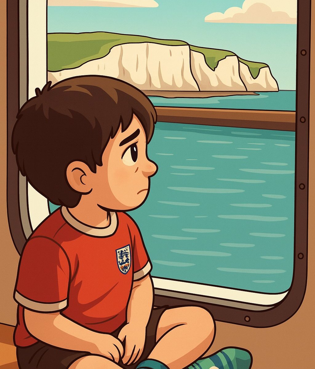 Cartoon of a young boy in a red England football shirt sitting by a ferry window, gazing sadly at the White Cliffs of Dover across calm blue waters.