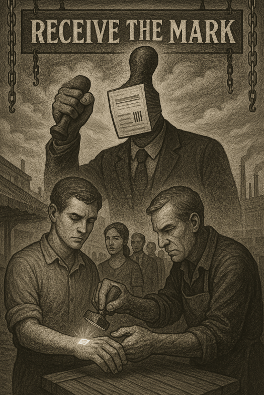 Black-and-white etching of a man receiving a glowing stamp on his hand under a sign reading “RECEIVE THE MARK,” while a faceless bureaucrat with a paper document for a head looms above, and others queue in line.