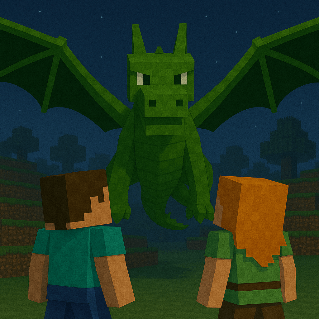 The dragon blocks Alex and Steve's way