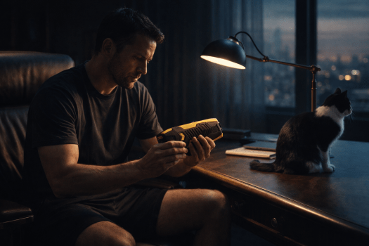 Man seated at an expensive desk holding a black and yellow device while a black and white cat sits beside him looking out of a window