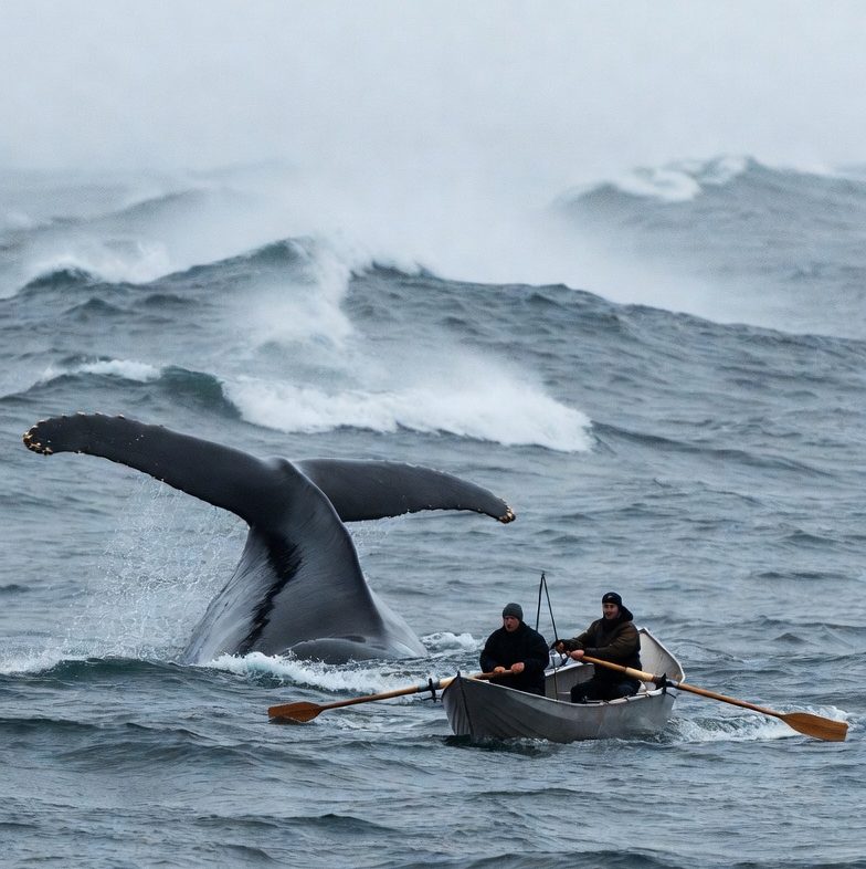 A small open whaleboat on a cold, rough sea, one man rowing and another bracing with a harpoon, facing the immense shape of a Right Whale rising from the grey water.