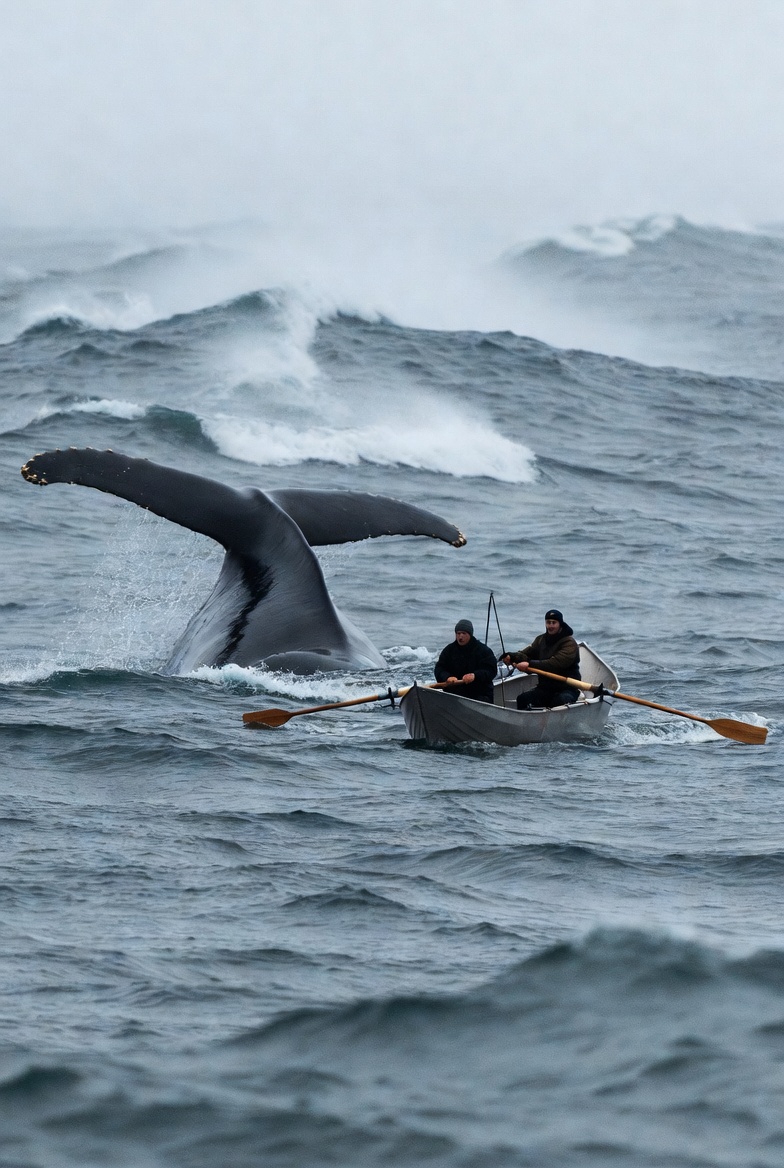 A small open whaleboat on a cold, rough sea, one man rowing and another bracing with a harpoon, facing the immense shape of a Right Whale rising from the grey water.