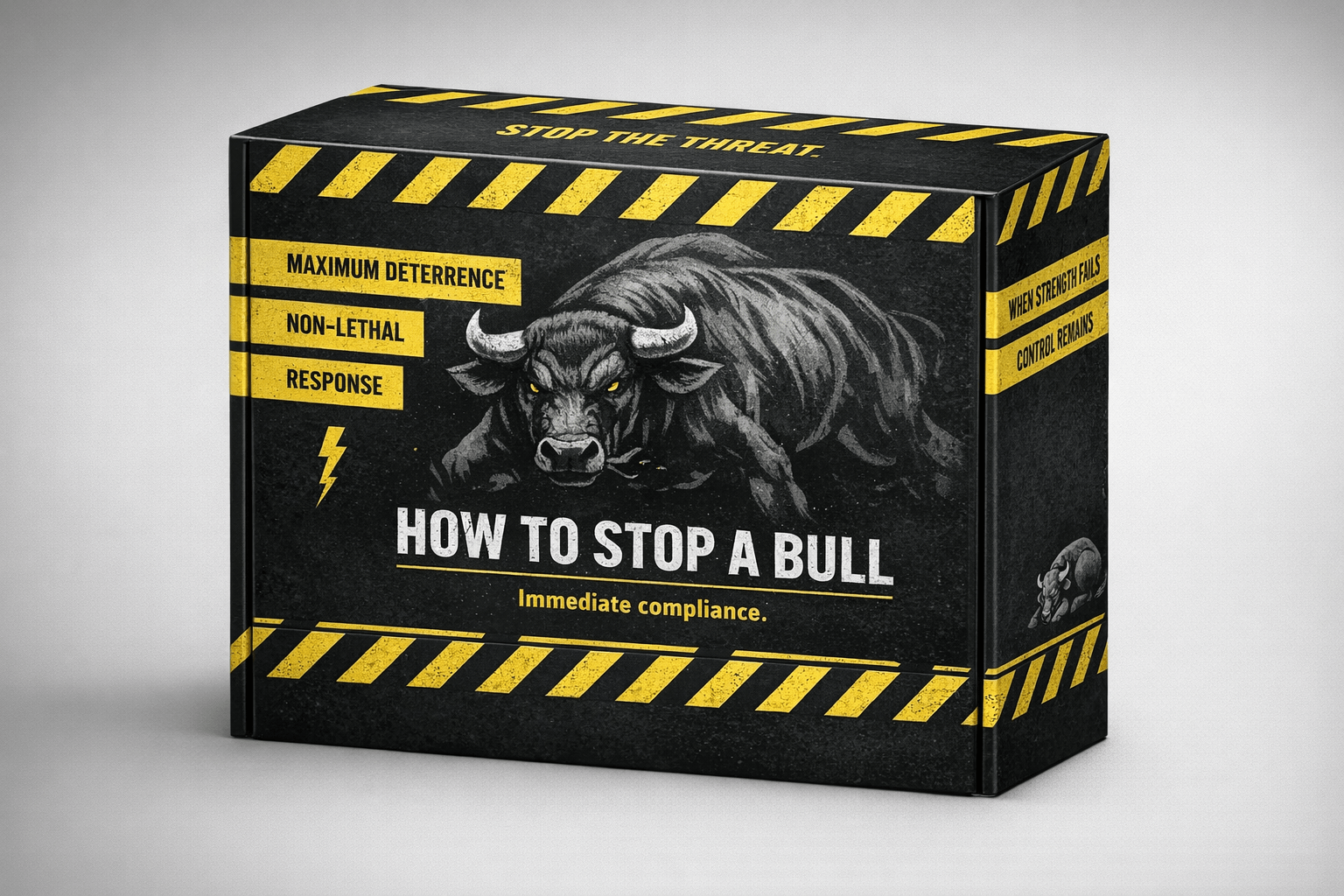 Black and yellow fictional retail box titled “How to Stop a Bull” featuring a charging bull and industrial warning graphics