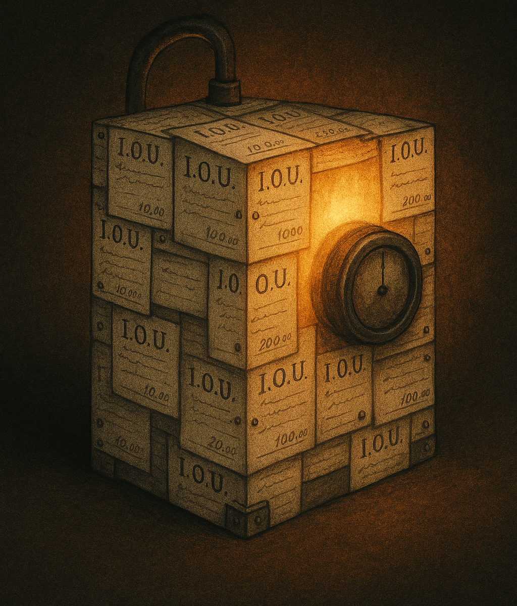 Surreal machine made of IOUs glowing warmly in a dark room