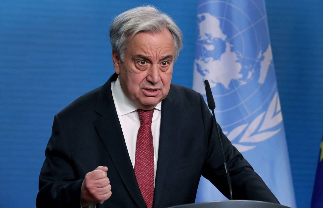 Antonio Guterres speaking angrily at UN podium about unpaid United Nations dues