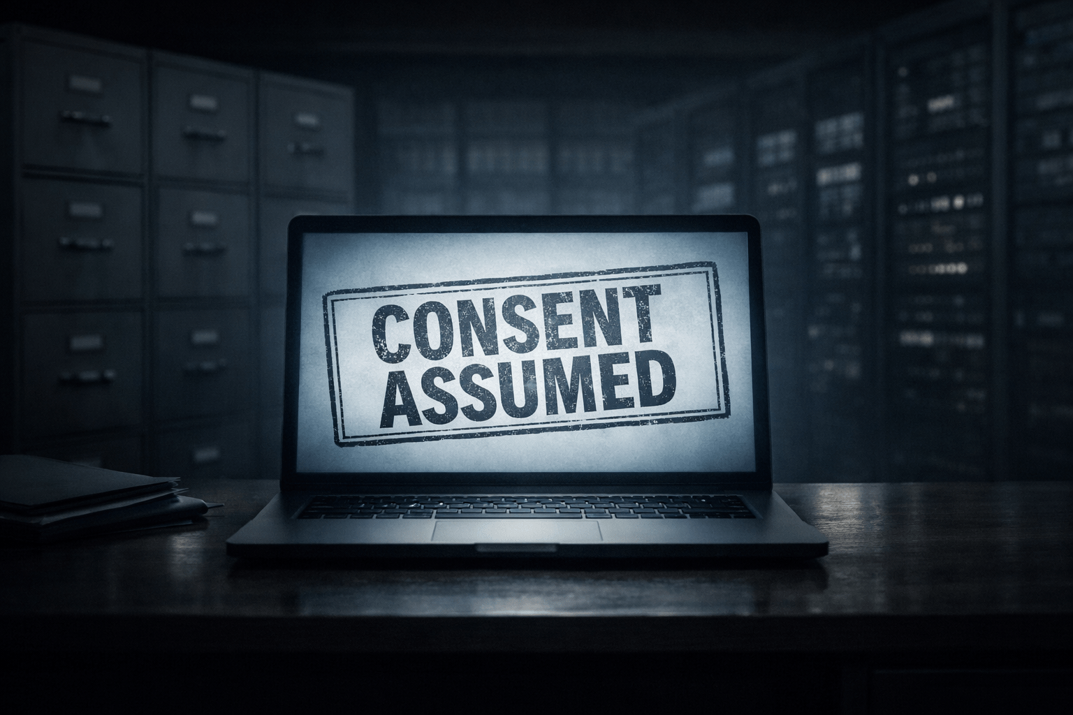 Laptop screen stamped “Consent Assumed” symbolising administrative control replacing individual autonomy