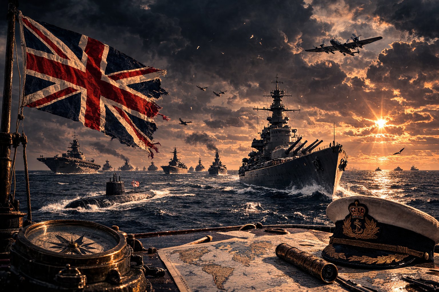 Royal Navy fleet at sunset with warships, aircraft and Union Jack representing Britain’s historic command of the seas.