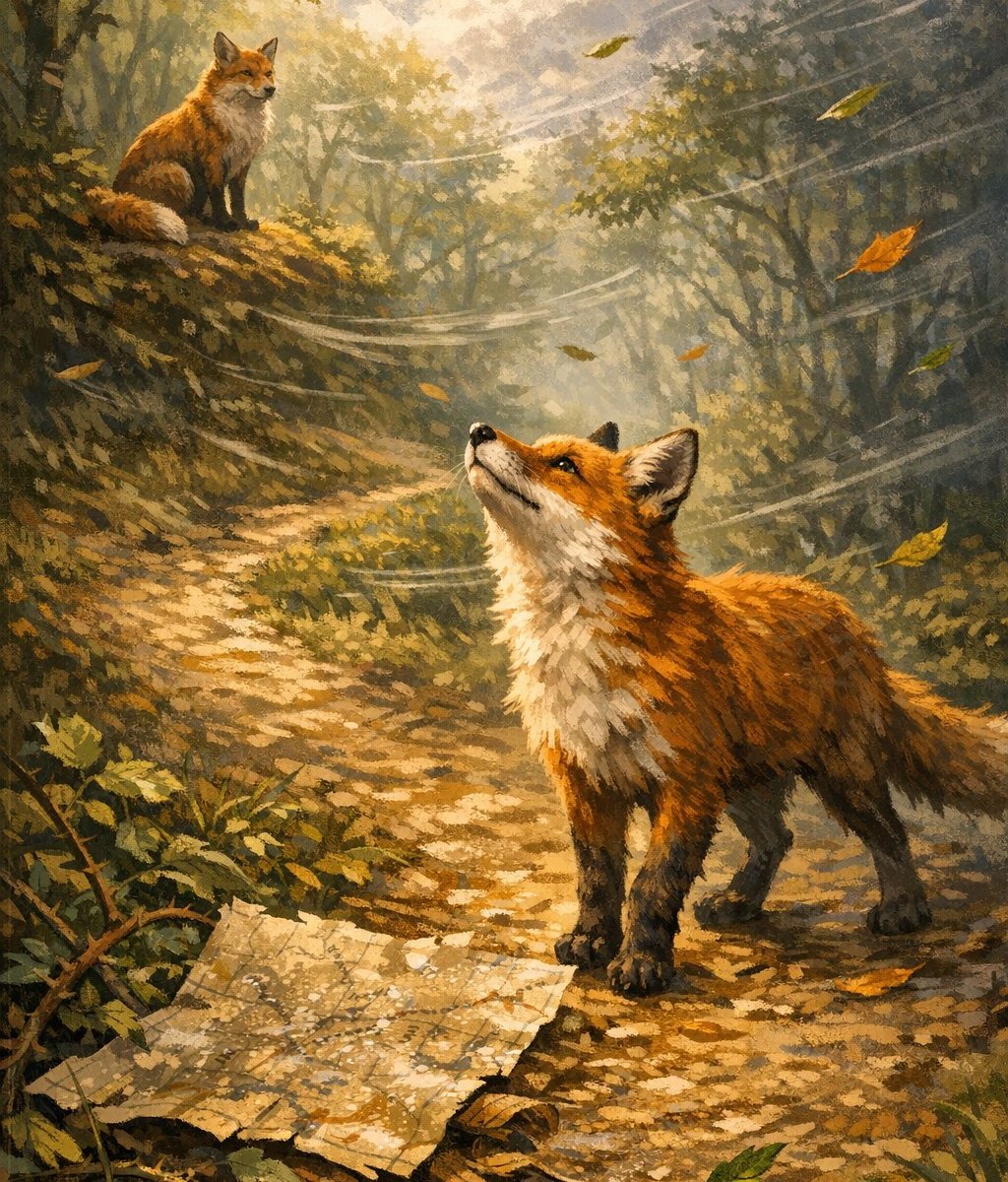Young fox sniffing the wind at a forest path fork, with a rain-soaked map and an older fox watching from a hill.
