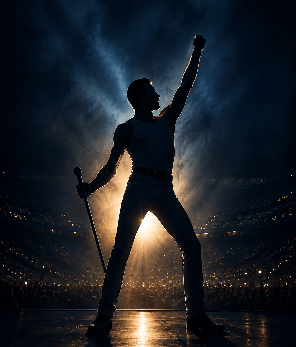 Silhouette tribute to Freddie Mercury standing on stage with one fist raised and a shortened microphone stand.