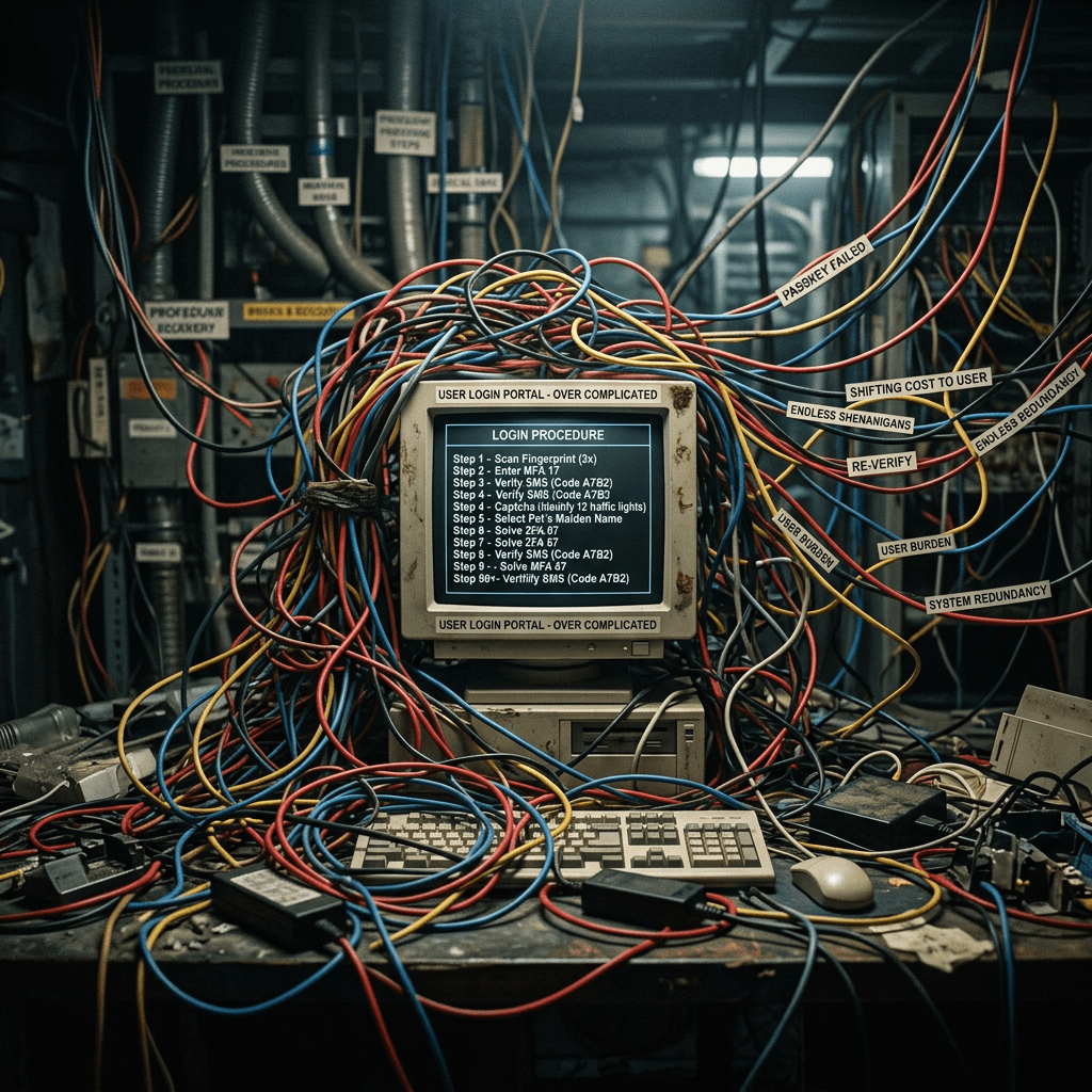 Monitor labeled USER LOGIN PORTAL - OVER COMPLICATED displays ten-step login procedure; tangled cables labeled PASSKEY FAILED, RE-VERIFY, USER BURDEN, and SYSTEM REDUNDANCY surround it.